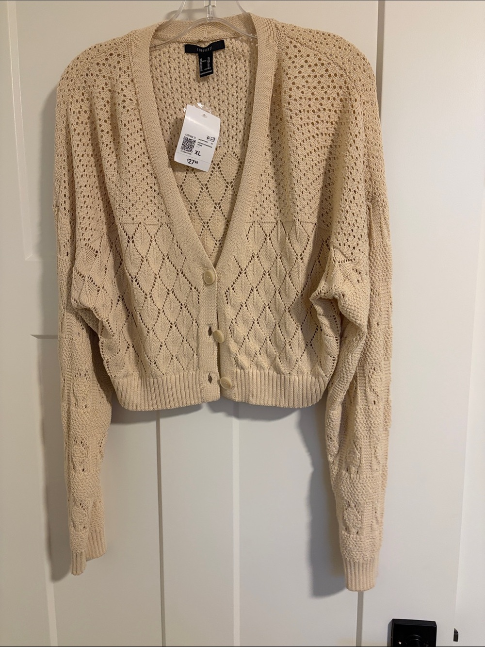 Forever 21 Cream Open-Knit Cropped Button Cardigan